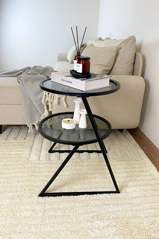 Valencia Yan Sehpa - Siyah Metal Füme Camlı Çok Amaçlı Yan Sehpa